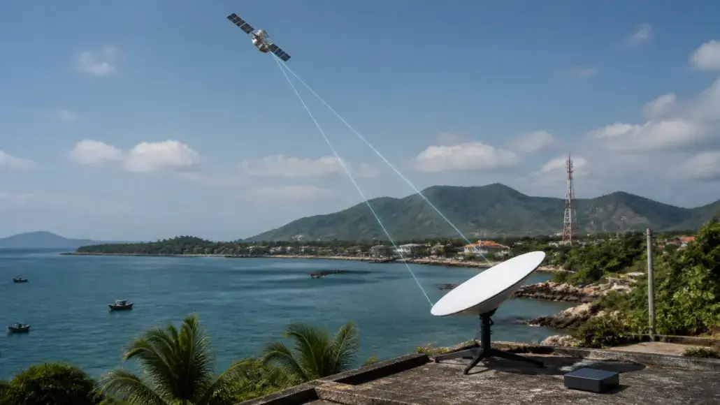 Satellite in orbit above a coastal landscape with a ground dish pointing toward it for communication signals.