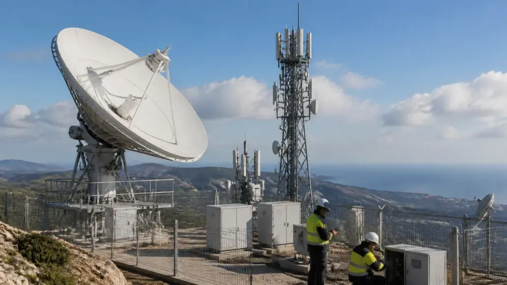Large satellite dish and cellular antennas on a fenced hilltop, with two workers in safety vests inspecting equipment nearby.