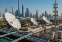 UAE Grants Starlink 10-Year Licence for Satellite Internet Services Rooftop with three large satellite dishes overlooking a modern city skyline of tall glass skyscrapers in the distance