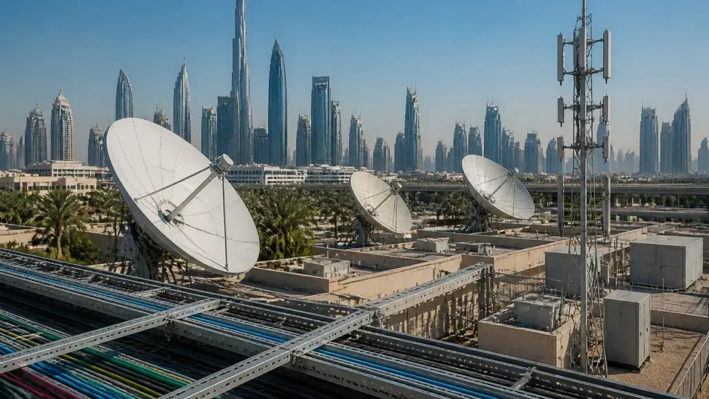 Rooftop with three large satellite dishes overlooking a modern city skyline of tall glass skyscrapers in the distance