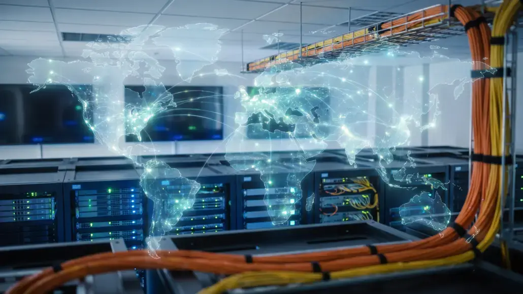 Global data center with glowing world map overlay, highlighting worldwide connectivity and networks.