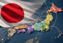 Japan Proposes New Identity Rules for Telephone Forwarding Services Map of Japan with colorful prefectures and glowing network lines connecting major cities, next to a Japanese flag.