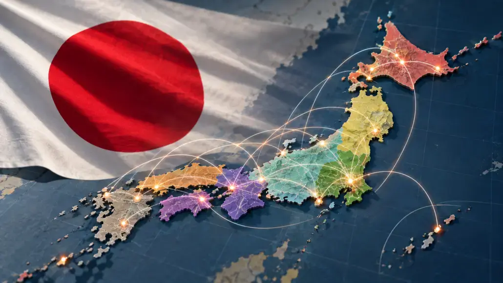 Map of Japan with colorful prefectures and glowing network lines connecting major cities, next to a Japanese flag.