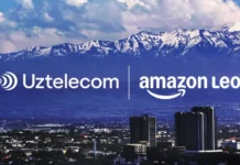 Amazon Leo Expands Satellite Connectivity Across Uzbekistan Banner showing Uztelecom and Amazon Leo logos over a city skyline with snowy mountains in the background.