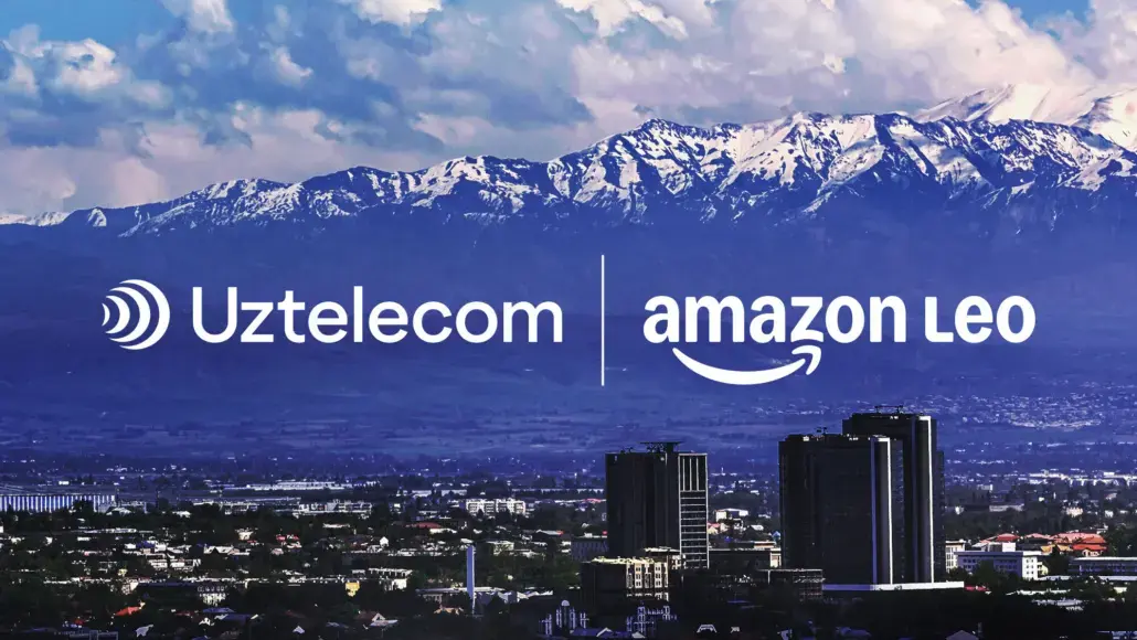 Banner showing Uztelecom and Amazon Leo logos over a city skyline with snowy mountains in the background.