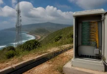 InfraNexia and XLSMART to Boost Fibre Connectivity in Key Indonesian Corridors Open telecom cabinet with fiber equipment and yellow cables on a hillside overlooking the coastline and waves ahead
