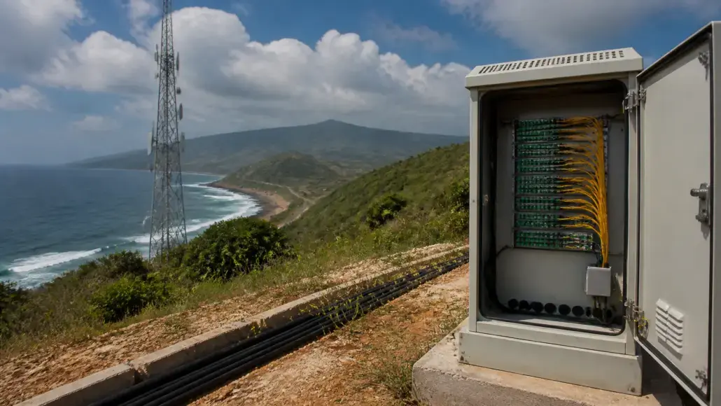 Open telecom cabinet with fiber equipment and yellow cables on a hillside overlooking the coastline and waves ahead