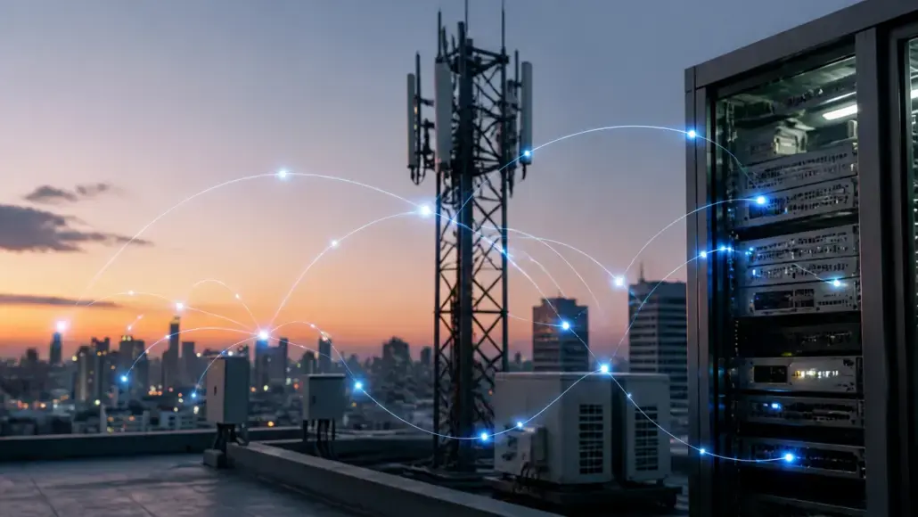 Rooftop telecom tower beside a server rack, with glowing blue network lines linking nodes over a city skyline at sunset.