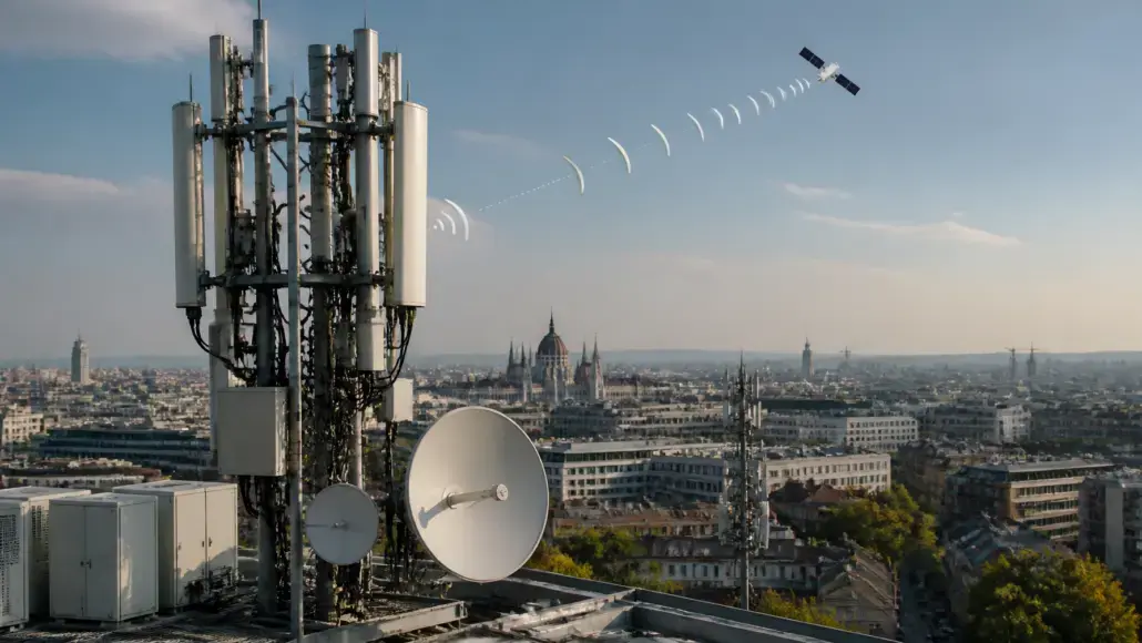Telcom tower with antennas and a satellite dish on a rooftop overlooking a city skyline, signaling to a satellite.