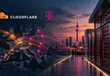 Cloudflare and Deutsche Telekom Strengthen Digital Infrastructure Security Cloudflare and T-Mobile logos over a glowing global network map and a data center at dusk.