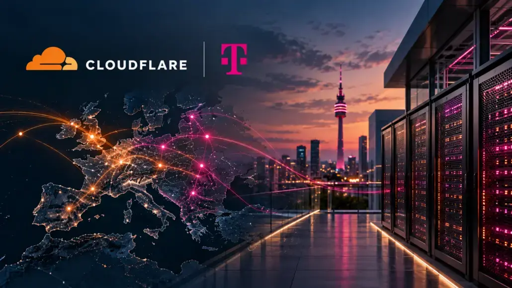 Cloudflare and T-Mobile logos over a glowing global network map and a data center at dusk.