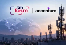 TM Forum and Accenture Launch Trustworthy AI Initiative tm forum and Accenture logos over a city skyline with communications towers and a glowing global network map at sunset (partnership banner).