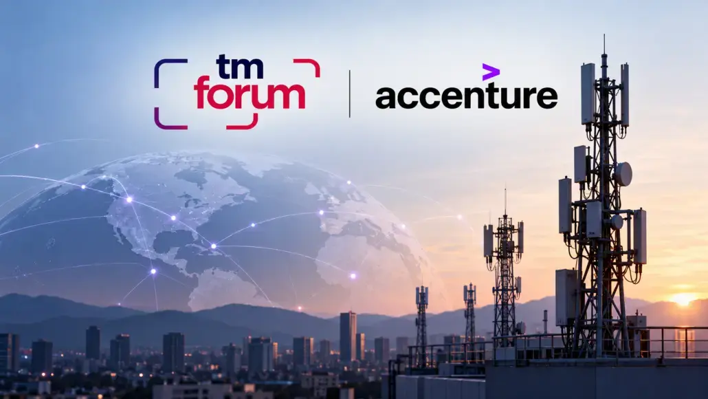 tm forum and Accenture logos over a city skyline with communications towers and a glowing global network map at sunset (partnership banner).