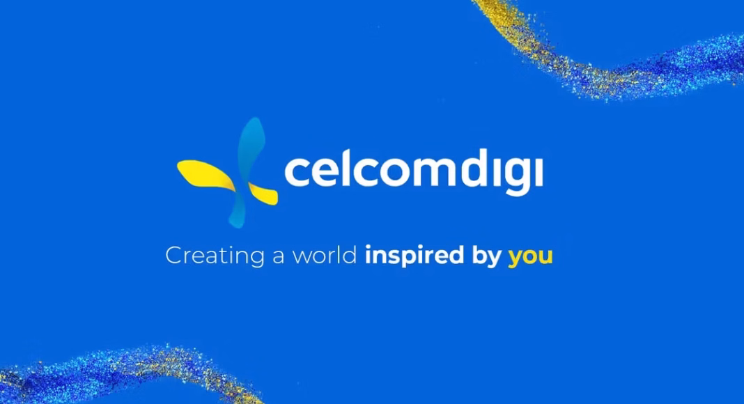 CelcomDigi logo on a blue background with abstract yellow/blue shapes and the slogan “Creating a world inspired by you.”