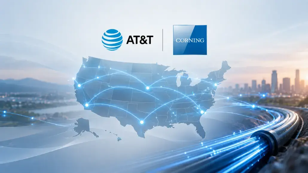 AT&T and Corning logos above a glowing U.S. map connected by blue fiber-network lines.