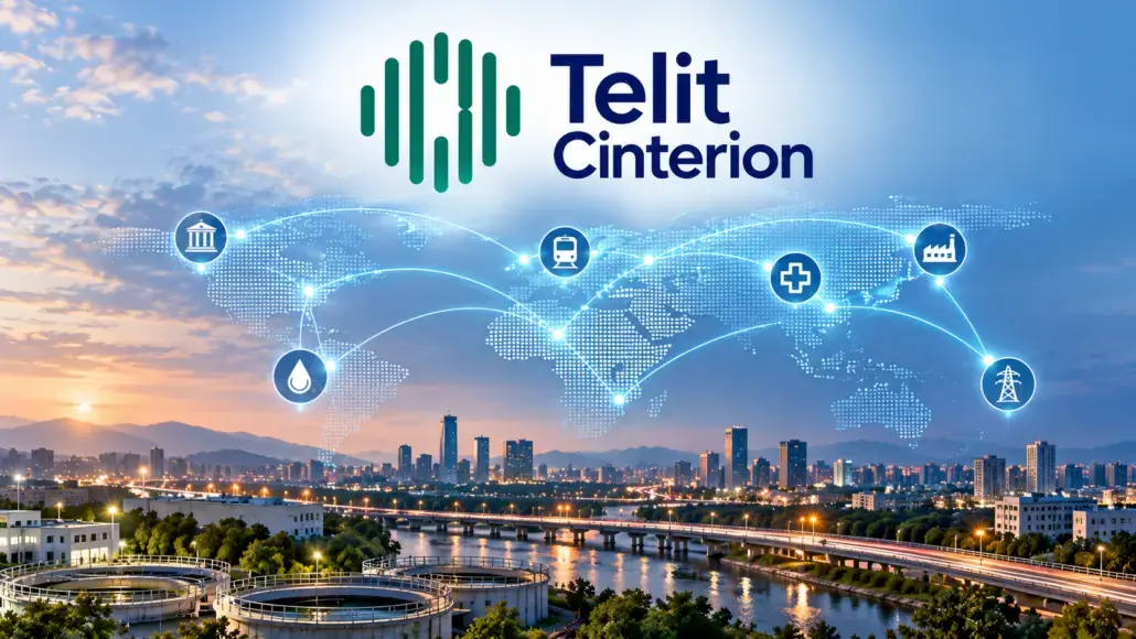 Telit Cinterion logo over a world map with glowing IoT connectivity icons above a city at dusk.