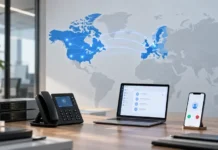 Google Voice Carrier Link Expands to 14 More Countries Desk workspace with a laptop, office phone, and smartphone in front of a world map with blue network lines indicating global connectivity.