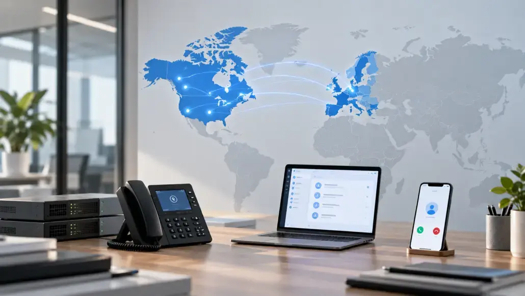 Desk workspace with a laptop, office phone, and smartphone in front of a world map with blue network lines indicating global connectivity.