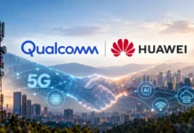 Qualcomm and Huawei Sign Broad Patent License Agreement Qualcomm and Huawei logos over a city skyline with 5G icons and a digital handshake theme.