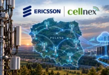 Ericsson Chosen to Advance Cellnex’s 5G RAN Modernization Ericsson and Cellnex logos above Poland map with interconnected wireless towers symbolizing telecom network.