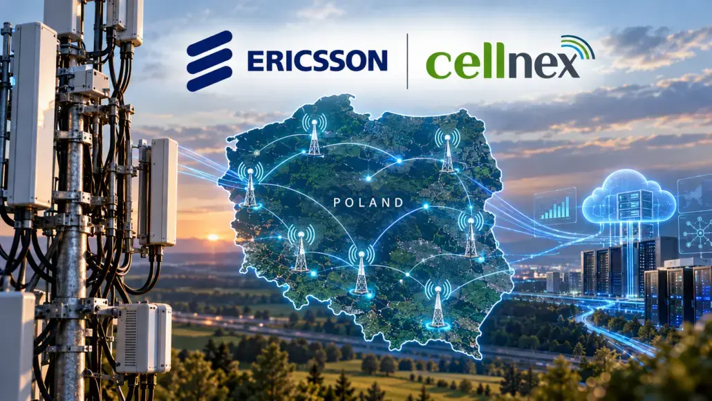 Ericsson and Cellnex logos above Poland map with interconnected wireless towers symbolizing telecom network.