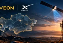 VEONโs Beeline Kazakhstan Launches Starlink Satellite Connectivity Service Starlink satellite beams to a tower over a glowing outline map of Ukraine at sunset.