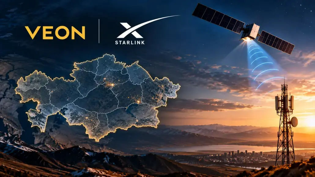 Starlink satellite beams to a tower over a glowing outline map of Ukraine at sunset.