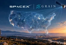 SpaceX and Grain Management Agree on Nationwide Spectrum Acquisition Illuminated map of the United States at dusk, with network lines and a satellite, for SpaceX and Grain promotion