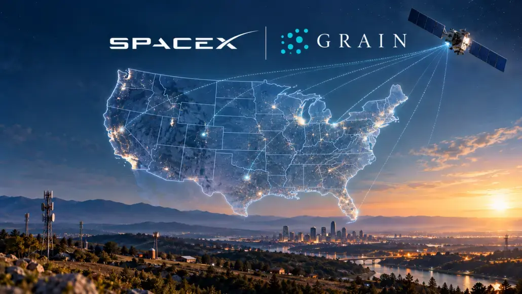 Illuminated map of the United States at dusk, with network lines and a satellite, for SpaceX and Grain promotion